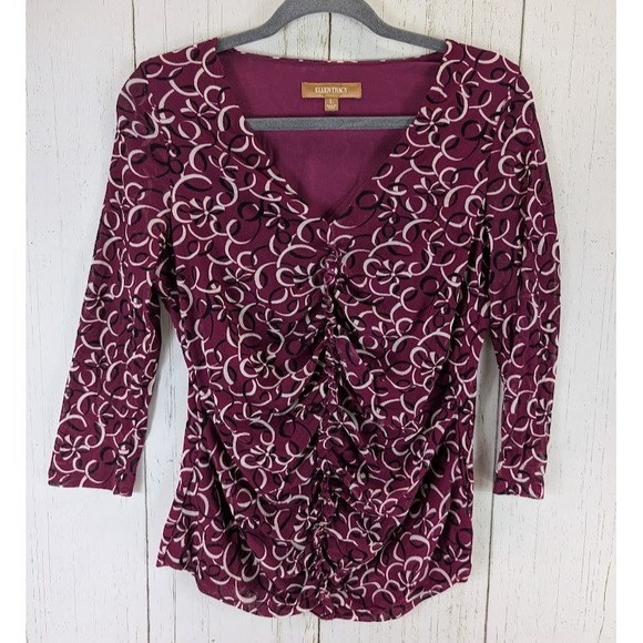 Ellen Tracy Size Large Maroon Black White Pattern 3/4 Sleeve Cinched Front Top - Picture 1 of 8